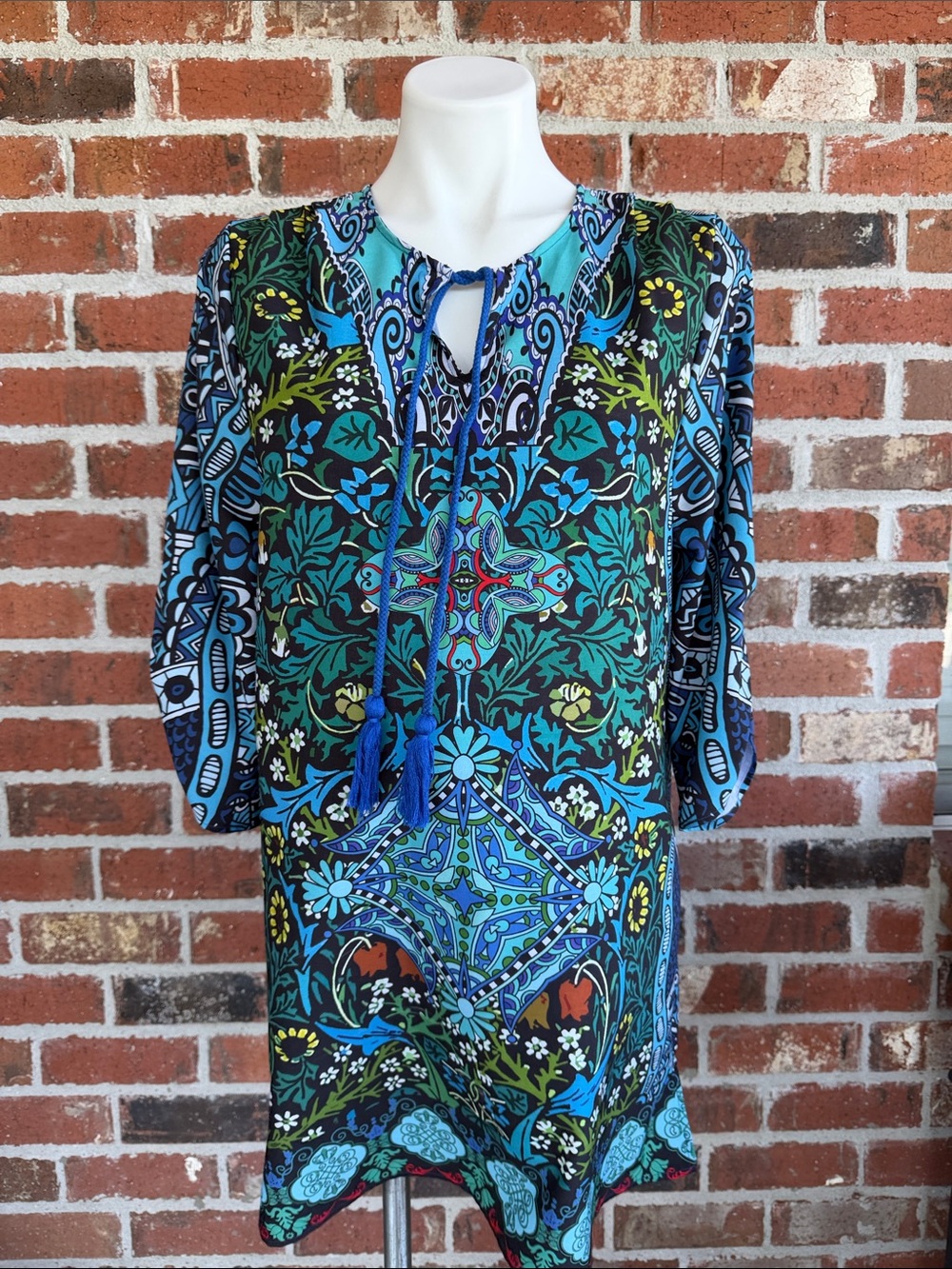 Bohemian Blue-Green Floral Tie-Front Tunic